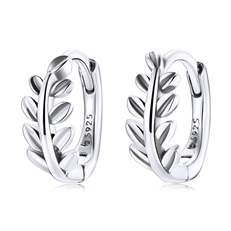 Sterling Silver Hoop Earrings Flower Leaves Bamboo