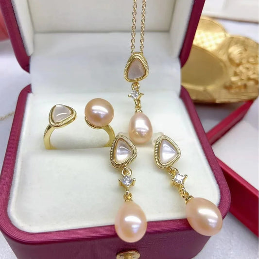 7-8mm freshwater pearl rice drop jewelry set with pendant, earrings, and ring

