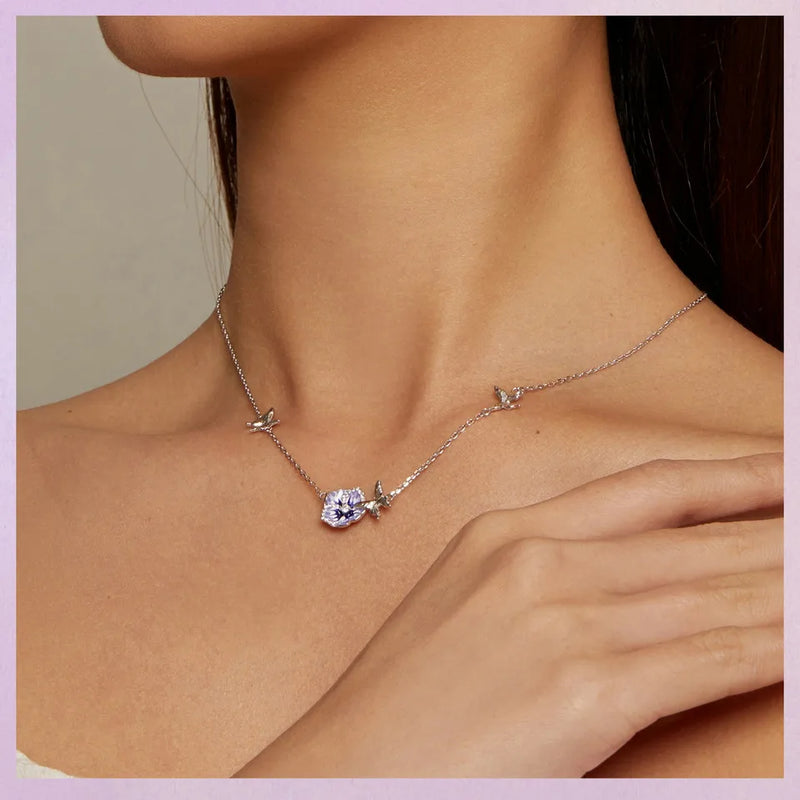 Purple Pansy Flower 925 Silver Necklace Earrings & Ring Set