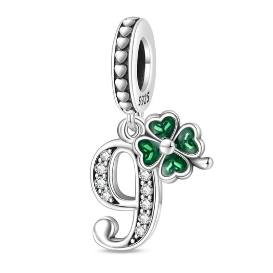 Sterling silver number 9 dangle charm with green four-leaf clover – lucky birthday bead

