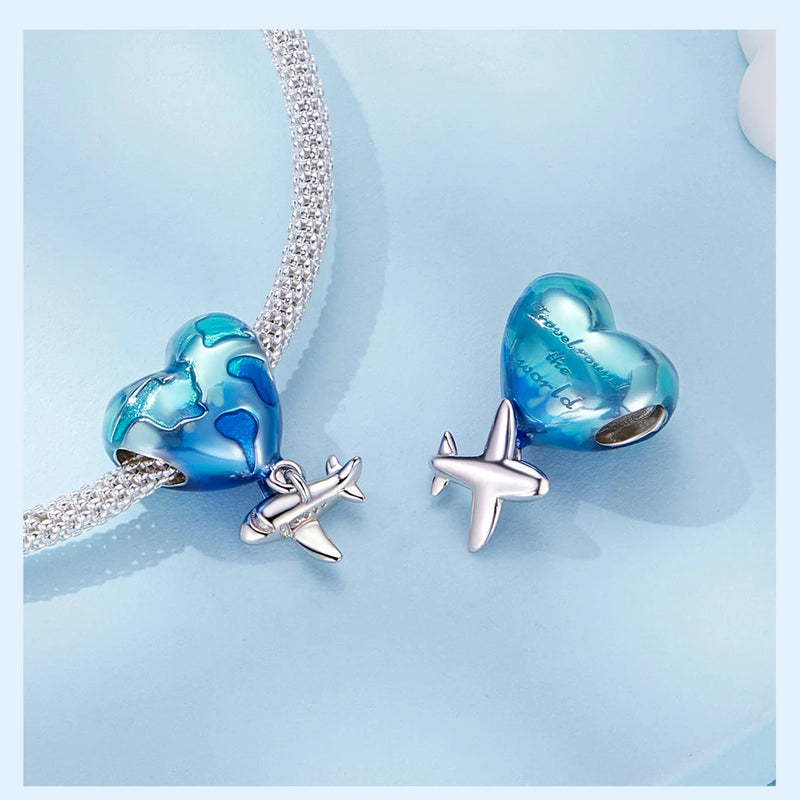 Sterling Silver Blue Traveling Airplane Charm Bead