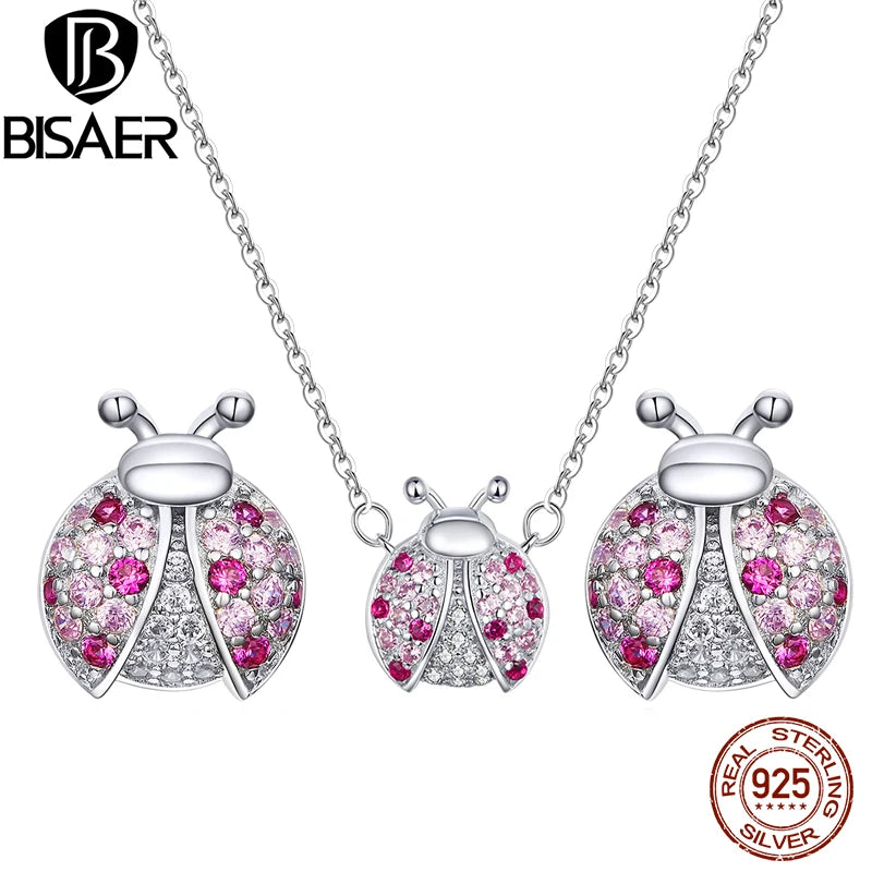 Sterling Silver Pink Ladybug Jewelry Set