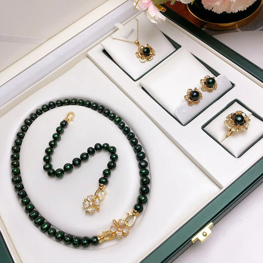 8-9mm freshwater pearl round jewelry set with necklace, bracelet, earrings, ring, and pendant

