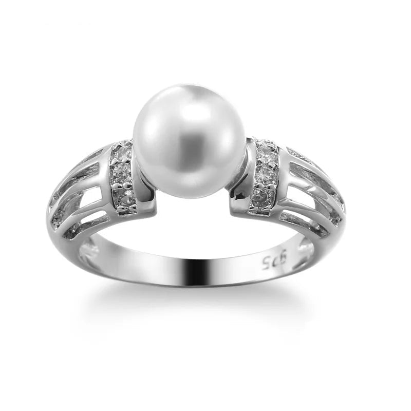 Stylish pearl and CZ silver ring for women with adjustable size