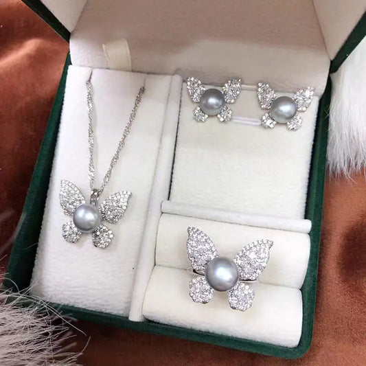 Freshwater pearl butterfly pendant, earrings, and ring set in grey colors

