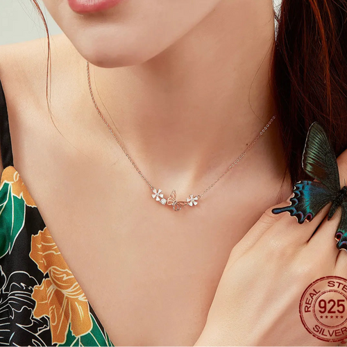 925 Sterling Silver K Gold Rose Butterfly Necklace & Earring Set