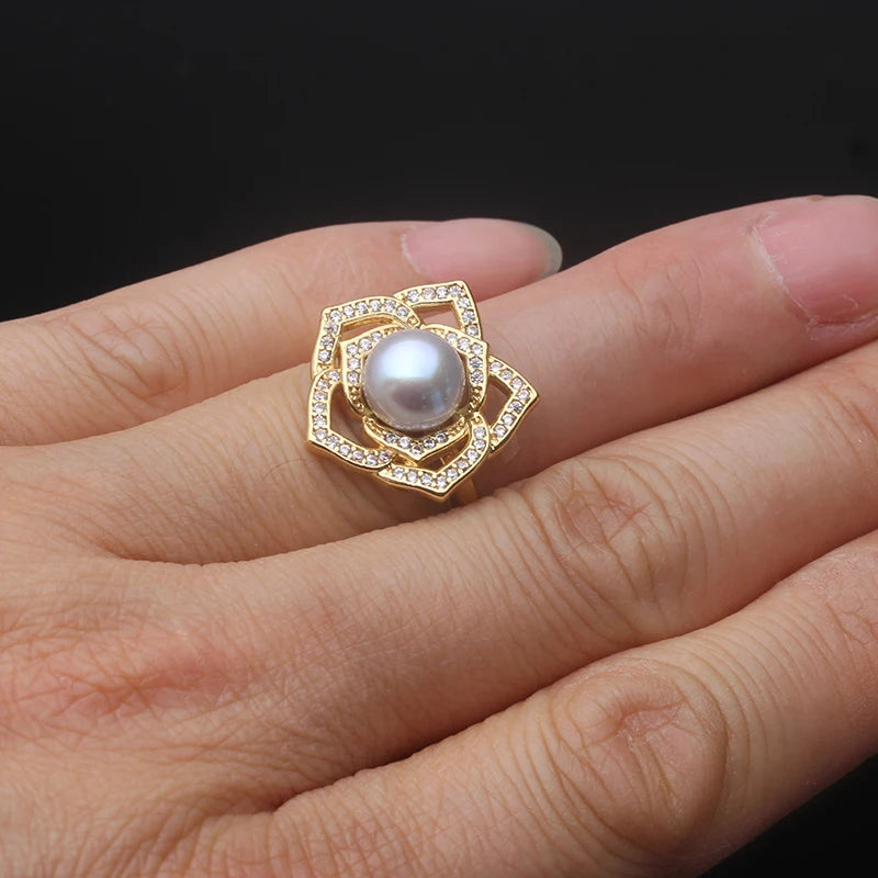 Sterling silver pearl eternity ring on display


