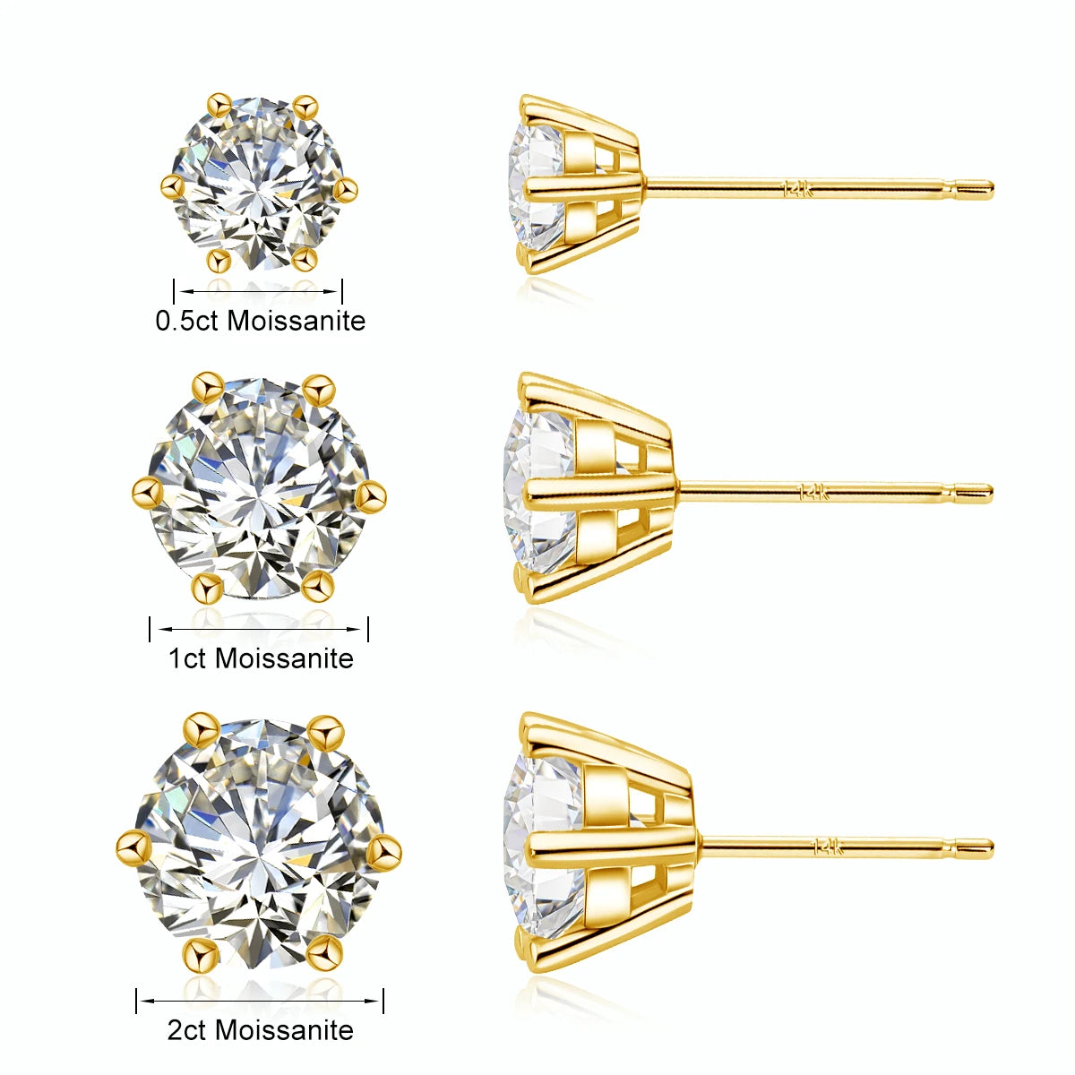 14K Gold 0.5ct Moissanite Stud Earrings Round Classic 6-Claw Design – White Moissanite
