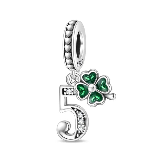 Sterling silver number 5 dangle charm with green four-leaf clover – lucky birthday bead

