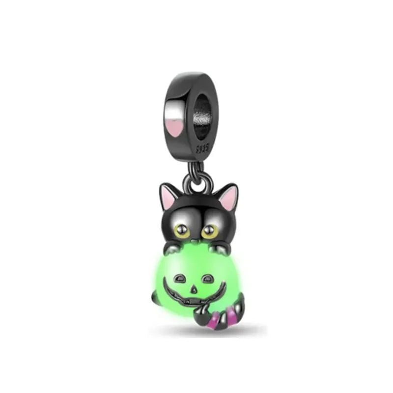 925 sterling silver cat pumpkin black series luminous charms bead pendant fit