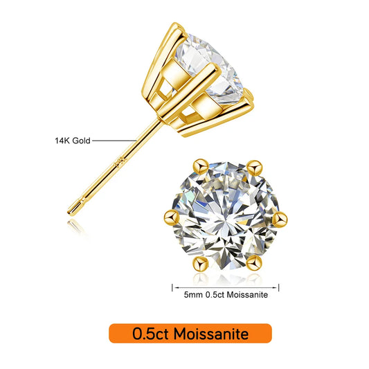 14K gold moissanite stud earrings with white moissanite round cut in a classic 6-claw design.