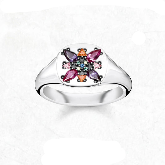 Bohemian style flower ring with colorful stones
