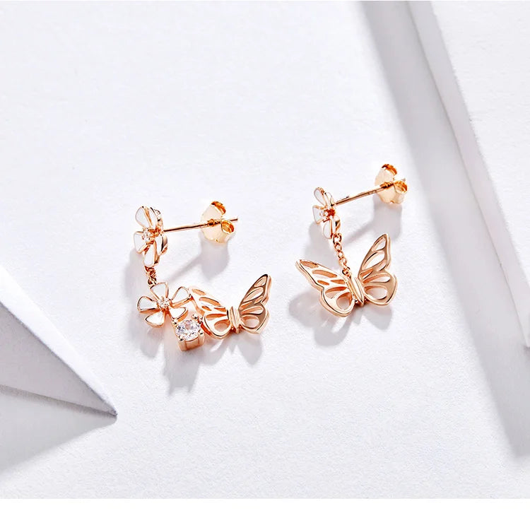 925 Sterling Silver K Gold Rose Earring Butterfly Necklace Set