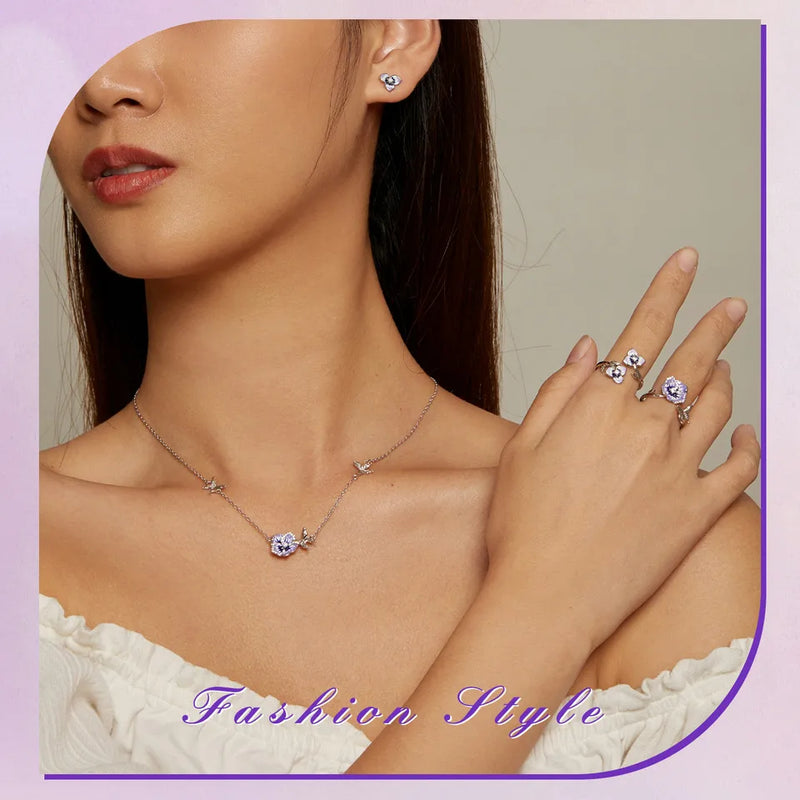 Purple Pansy Flower 925 Silver Necklace Earrings & Ring Set