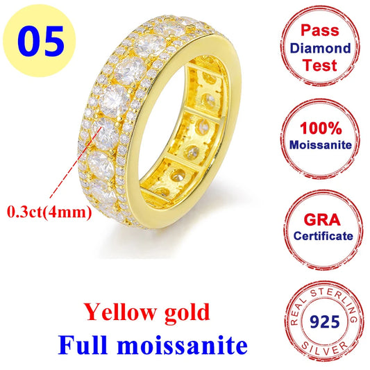 Stylish unisex Moissanite round diamond ring, 18k gold plated, 925 sterling silver, perfect for hip-hop style.