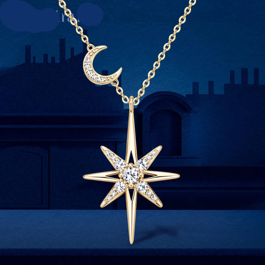 Gold plated moissanite necklace with star and moon pendant
