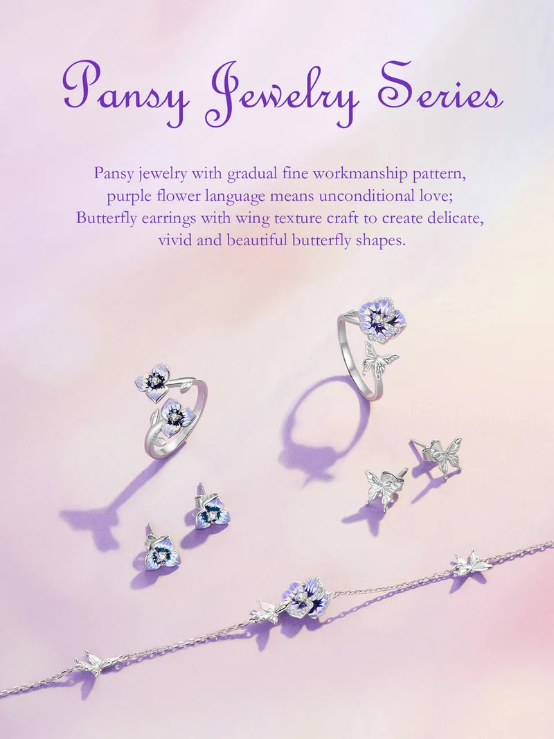 Purple Pansy Flower 925 Silver Necklace Earrings & Ring Set