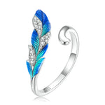 Blue Feather Open Ring & Drop Earrings 925 Sterling Silver