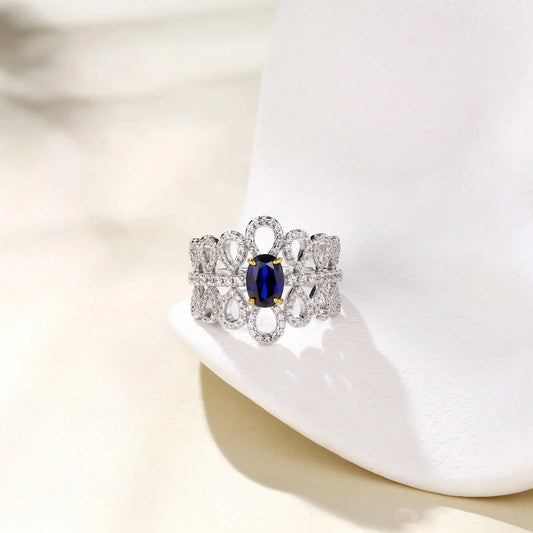 Luxury created sapphire and ruby hollow ring in 925 sterling silver for women