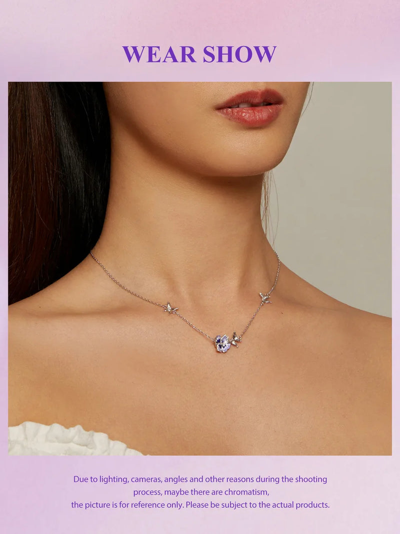 Purple Pansy Flower 925 Silver Necklace Earrings & Ring Set