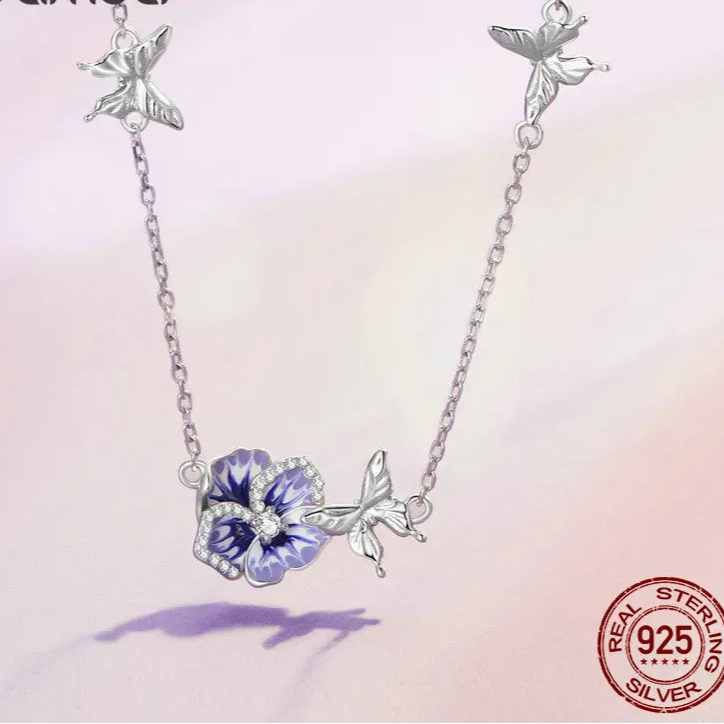 Purple Pansy Flower 925 Silver Necklace Earrings & Ring Set