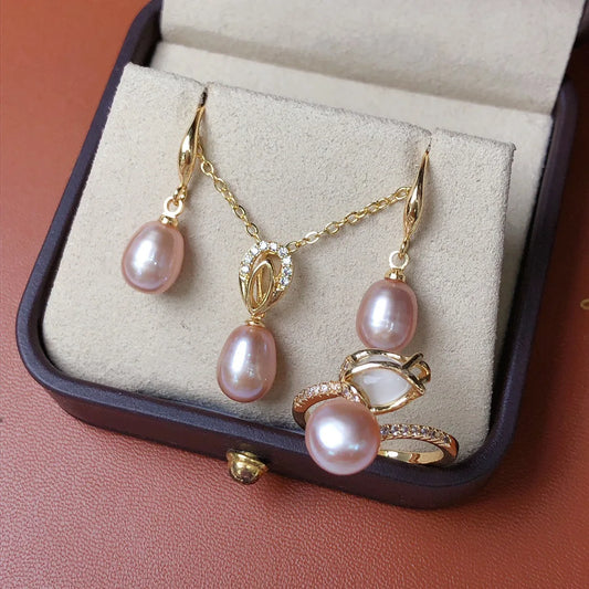 Freshwater pearl 7-8mm drop jewelry set with pendant, earrings, and ring

