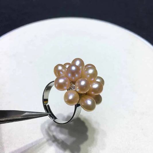 Freshwater Pearl Pink Flowers Ring in Sterling Silver Adjustable