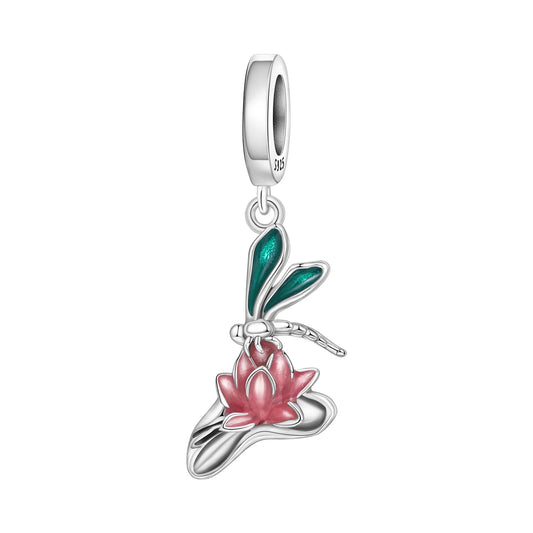 Sterling silver dangle charm with pink enamel flower and dragonfly detail


