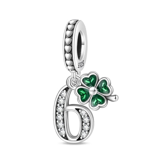 Sterling silver number 6 dangle charm with green four-leaf clover – lucky birthday bead